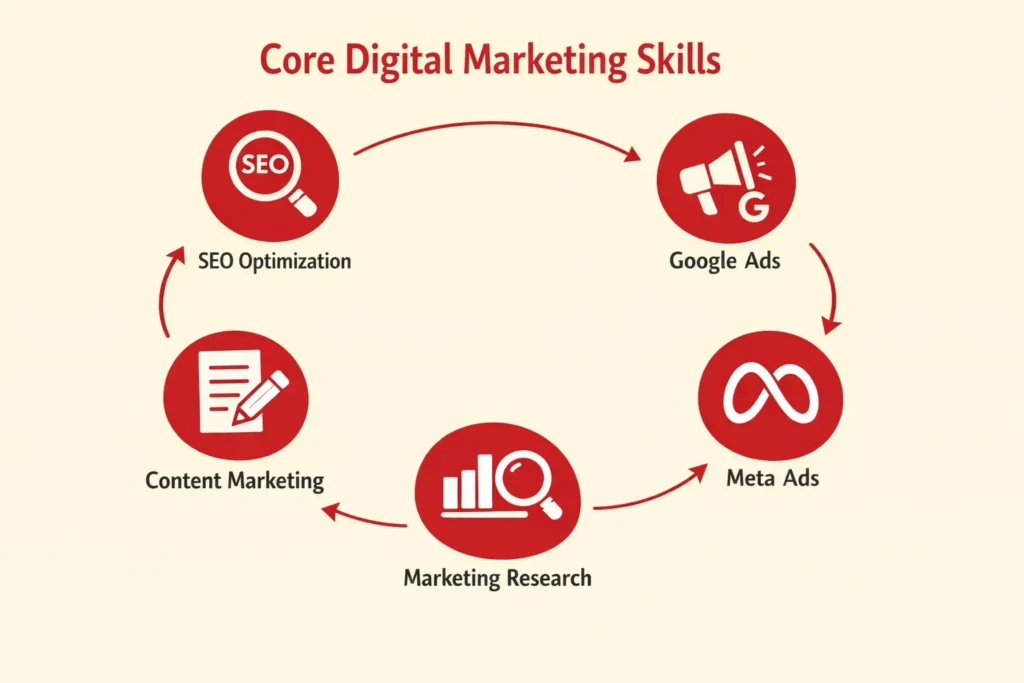 Digital marketing skills flowchart showing SEO, Google Ads, Meta Ads and content marketing